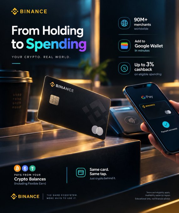 A Binance promotional advertisement reading 'From Holding to Spending - YOUR CRYPTO. REAL WORLD.', featuring a Binance card, Google Wallet addition, and up to 3% cashback.