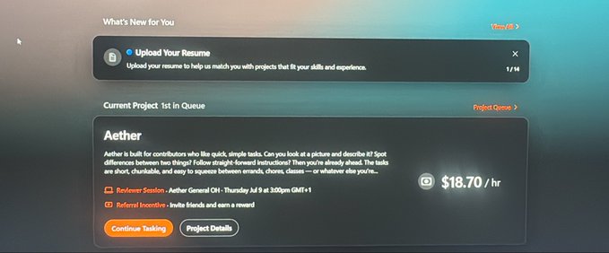 A web app interface for a task platform showing 'Aether' as the current project in queue, paying $18.70/hr, with options to upload a resume and view project details.