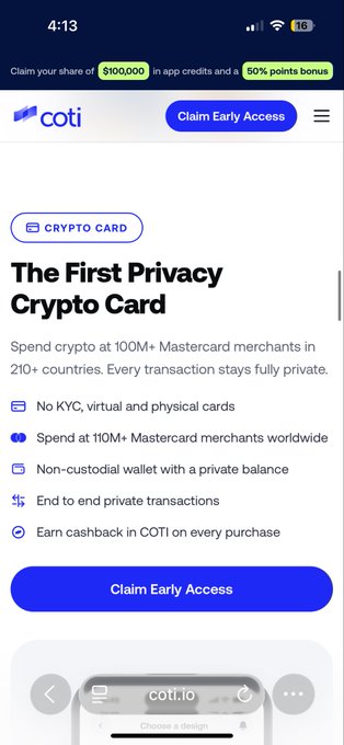 A mobile screenshot of the COTI website promoting 'The First Privacy Crypto Card' with features like 'No KYC, virtual and physical cards' and a 'Claim Early Access' button.