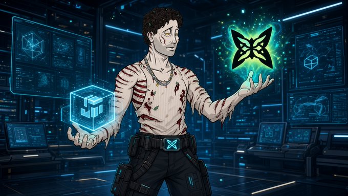 An illustrated man with bloodied, torn clothes holds a glowing blue cube in one hand and a glowing green butterfly-shaped symbol in the other, in a high-tech room.