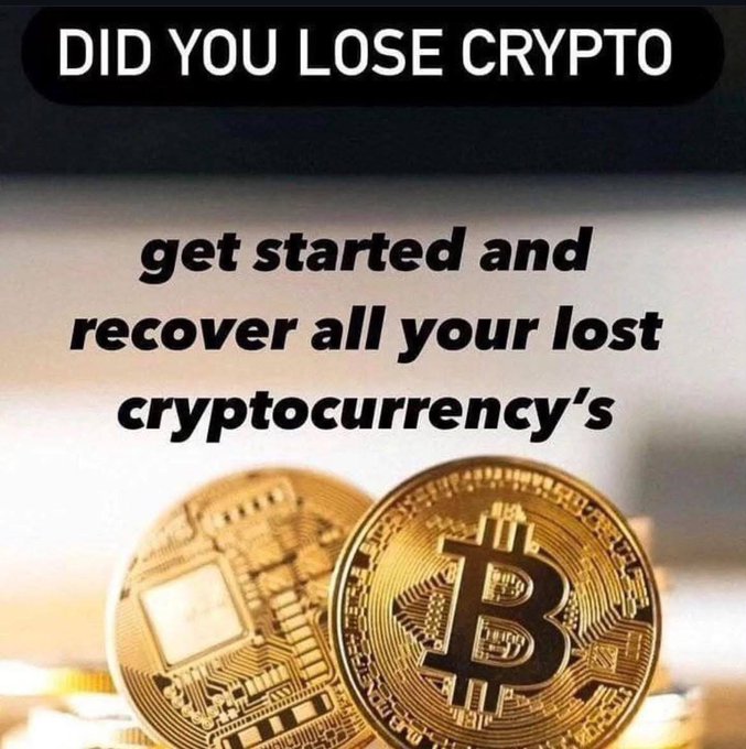 An advertisement image featuring physical Bitcoin coins with text reading 'DID YOU LOSE CRYPTO' and 'get started and recover all your lost cryptocurrency's'.