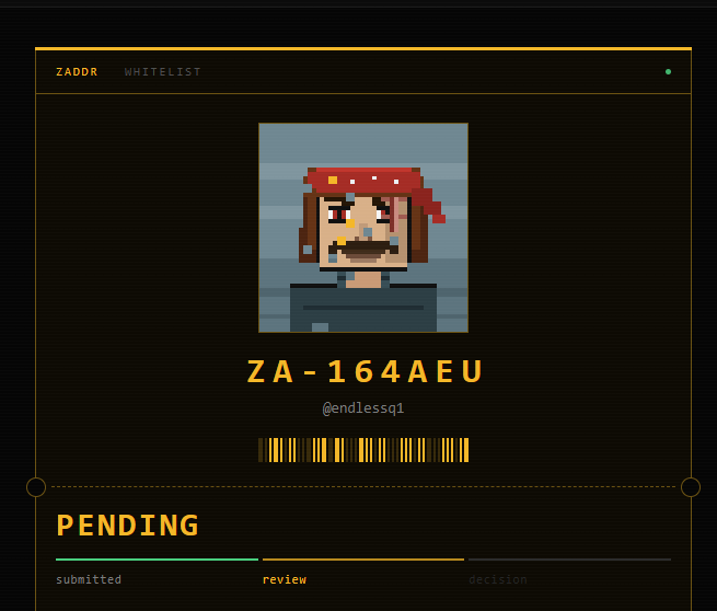 A ZADDR whitelist application screen showing a pixel art pirate avatar with the identifier ZA-164AEU and username @endlessq1, marked as PENDING review.