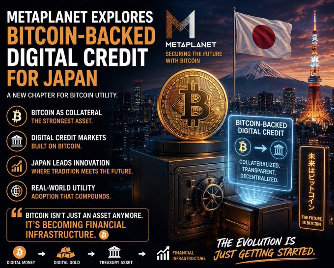 A promotional graphic announces that **Metaplanet** is exploring a **Bitcoin-backed digital credit** product in Japan, featuring a Bitcoin coin atop a vault with the Japanese flag and Tokyo Tower in the background. Key text highlights Bitcoin as collateral, digital credit markets built on Bitcoin, and Japan's role in financial innovation, reinforcing the post's message about Bitcoin's evolution from digital money to financial infrastructure.
