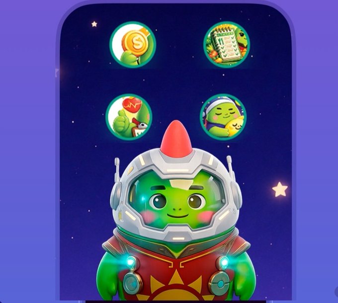 An illustration of a green alien character in a white astronaut suit with a red mohawk, surrounded by four circular icons featuring coins, a clipboard, a thumbs-up with a heart, and a smiling egg.