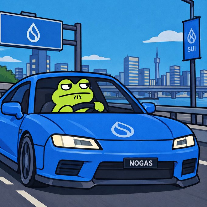 Cartoon illustration of a green frog-like character driving a blue Sui-branded sports car with 'NOGAS' license plate, set against a city skyline.