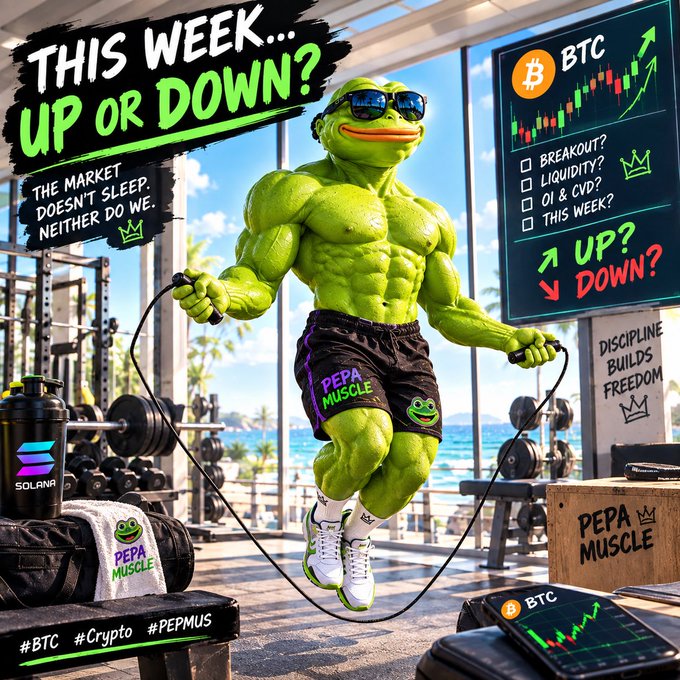 A Pepe the Frog meme is depicted as a muscular bodybuilder jumping rope in a gym setting, surrounded by crypto promotional text including 'THIS WEEK... UP OR DOWN?', 'BTC', 'SOLANA', and '#PEPMUS'.