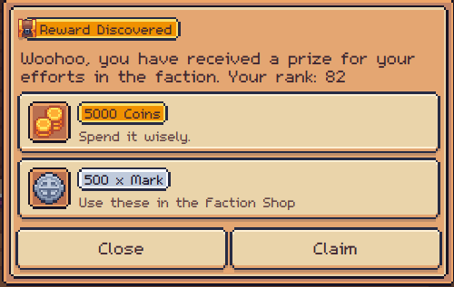 A video game reward screen announces 'Reward Discovered' for rank 82 in a faction, awarding 5000 Coins and 500 x Mark with 'Close' and 'Claim' buttons.