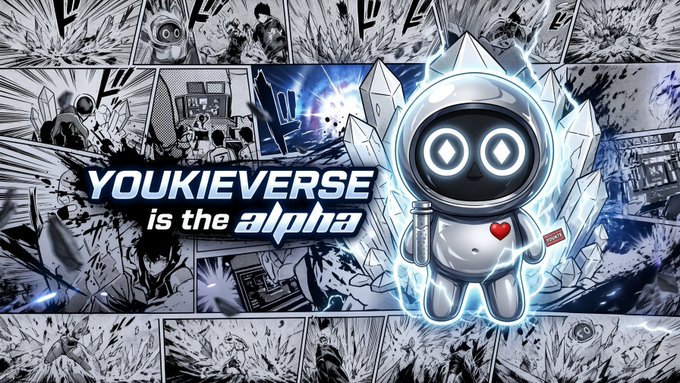 A promotional graphic for the "YOUKIEVERSE is the alpha" NFT collection, featuring a chrome robot mascot with glowing diamond eyes holding a paintbrush and a "YOUKIE" tag, set against a manga-style comic panel background with characters and action scenes in blue and white tones. The image visually reinforces the post's message about Youkies being a living, expanding universe rather than a static PFP collection.