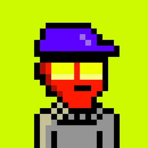 A pixel art character wearing a purple cap and sunglasses against a bright green background, with a red face and gray clothing.