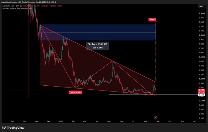 A TradingView chart of SUI/USDT on Coinbase shows a descending wedge pattern forming over approximately 290 days since November 2024, with a highlighted "581 bars" annotation, an "Ascending Wedge" label near the bottom around $0.73-0.78, and a "Target" zone marked near $2.30-2.40, reflecting the post's observation of lower highs and lows compressing into converging trendlines.
