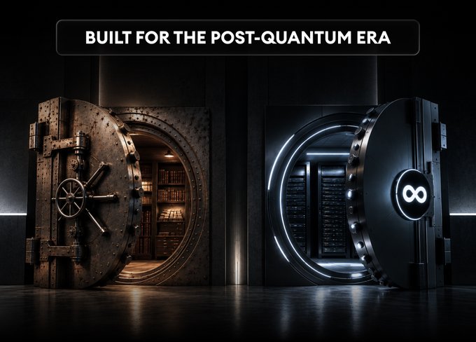 The image shows two bank vault doors side by side—one an old-fashioned metallic vault with a manual wheel, and the other a sleek modern vault featuring an infinity symbol—under a banner reading "BUILT FOR THE POST-QUANTUM ERA." The visual contrasts legacy cryptography with next-generation quantum-resistant security, illustrating the post's message that quantum computing will force a fundamental re-evaluation of cryptographic infrastructure, much like cloud, zero-trust, and AI have transformed their respective domains.