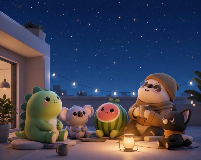 The image features a group of cartoon animals sitting around a campfire at night. There are five main characters present - a koala bear, a panda bear, a kangaroo, a turtle, and a dog. The koala is holding a cup in its paws while the other animals appear to be enjoying their time together.

The background of the image shows a starry sky with numerous stars, creating an enchanting atmosphere for the scene. There are also some potted plants visible in the background, adding a touch of greenery to the overall setting. The post seems to be promoting the idea that staying awake and scrolling harder is not the way to go, as it encourages taking breaks from screens and engaging in more meaningful activities like spending time with friends or family.