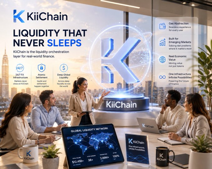A promotional graphic for 'KiiChain' titled 'LIQUIDITY THAT NEVER SLEEPS,' showing a business team around a holographic K logo with features like '24/7 FX Infrastructure,' 'Atomic Settlement,' 'Deep Global Liquidity,' and 'Gas Abstraction.'