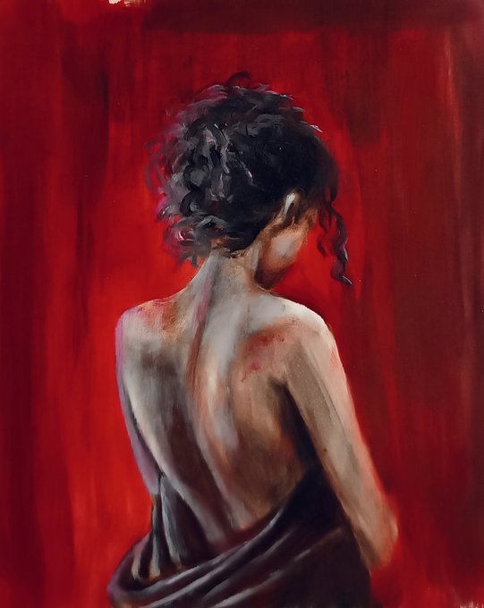 A digital painting of a figure with dark hair shown from behind against a dramatic red background, wearing a dark draped garment with a bare, bruised back.