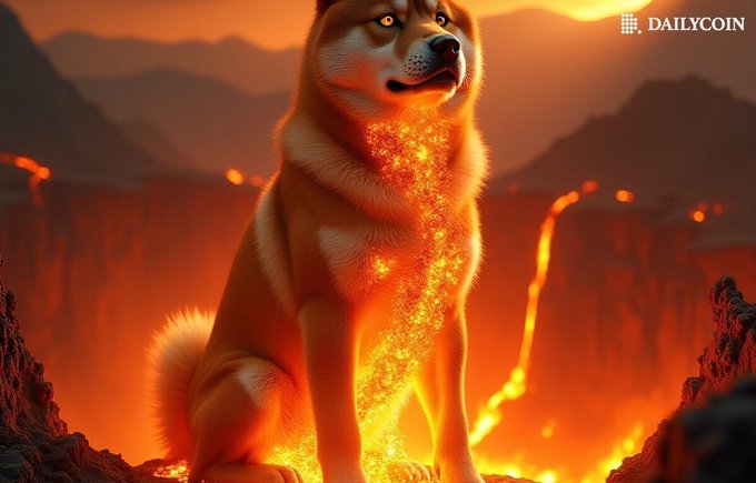 A digital artwork showing a Shiba Inu dog surrounded by flames and lava in a volcanic landscape, with a 'DAILYCOIN' watermark in the top right corner.