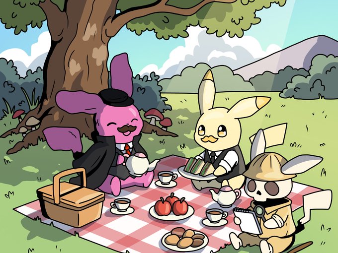 A cartoon illustration of characters including a pink monster, a yellow rabbit, and a detective-style rabbit having a tea picnic with sandwiches, apples, and pastries under a tree.
