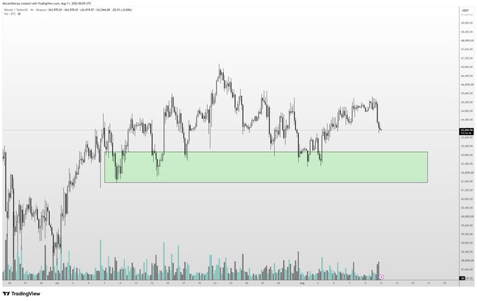 A TradingView candlestick chart of Bitcoin/Ethereum (Binance) on August 12, 2025, shows BTC hovering around $44,800 with a highlighted green demand zone between approximately $42,000 and $43,000, where price has repeatedly bounced—supporting the post's view of potential volatility within that range before a possible green day ahead.