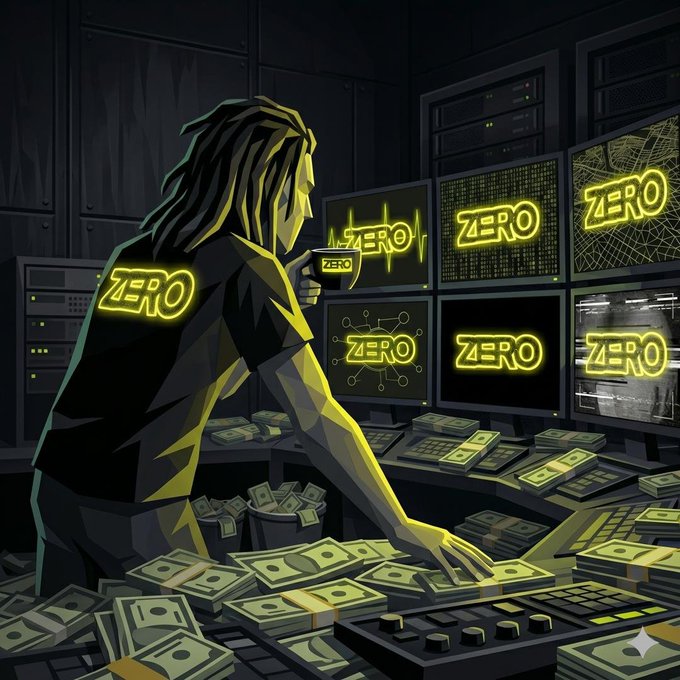 A digital illustration of a person surrounded by stacks of money, looking at multiple computer monitors displaying the word 'ZERO' and waveform graphics.