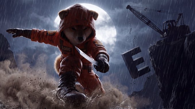 A determined Shiba Inu dog wearing a red hooded jacket with "DOGE" printed on it charges forward through a stormy, rain-soaked landscape wielding a glowing sword toward a giant falling letter "E," set against a full moon with a crane looming in the background. The image visually represents the post's message of dropping the "E" from DOGE to support the ticker "$DOG."