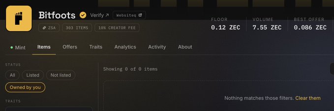 A screenshot of the Bitfoots NFT collection page on a marketplace, showing ZSA, 303 items, 10% creator fee, with floor price 0.12 ZEC, volume 7.55 ZEC, and best offer 0.086 ZEC.