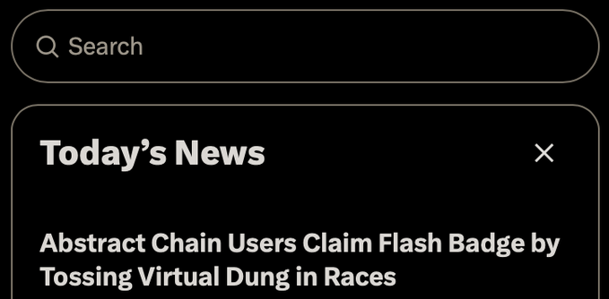 A mobile app screenshot showing a search bar and a "Today's News" section with the headline "Abstract Chain Users Claim Flash Badge by Tossing Virtual Dung in Races."