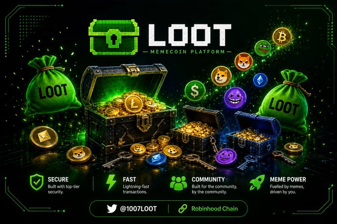 A promotional banner for the "LOOT" memecoin platform on Robinhood Chain features pixel-art treasure chests overflowing with gold coins and various crypto tokens (including Bitcoin and Ethereum symbols), flanked by green "LOOT" money bags, with key features highlighted: Secure, Fast, Community, and Meme Power, alongside the Twitter handle @1007LOOT. The imagery of treasure and loot visually reinforces the post's claim that LOOT transforms memecoin trading from mere speculation into a gamified, reward-driven experience on Robinhood Chain.