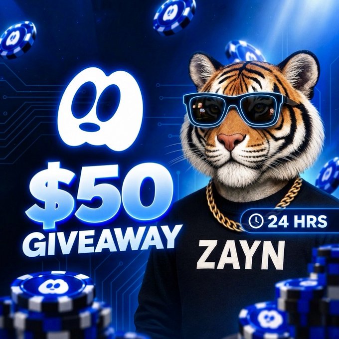 A promotional graphic featuring a tiger mascot wearing sunglasses and a gold chain, with "ZAYN" displayed on its shirt, advertising a "$50 GIVEAWAY" from @playbootlg that runs for 24 hours. Blue poker chips float around the design, with the Meta logo and a circuit-board pattern reinforcing the crypto/gaming theme that matches the giveaway's USDC prize.