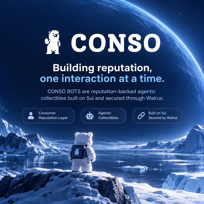 A promotional graphic for 'CONSO' featuring a pixelated bear mascot on an icy landscape with text reading 'Building reputation, one interaction at a time' and noting that CONSO BOTS are reputation-backed agentic collectibles built on Sui and secured through Walrus.