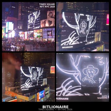 A four-panel collage of Times Square billboards at night displaying NFT advertisements for 'BITLIONAIRE' and 'NonFungible.com' with neon white line-art illustrations.