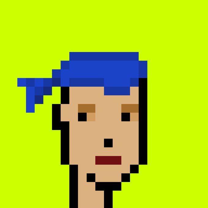 A pixel art portrait of a person wearing a blue cap against a bright yellow-green background, serving as an NFT artwork where unlocking requires an ETH wallet contribution exceeding 0.50 within 30 minutes.
