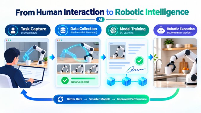 A diagram titled 'From Human Interaction to Robotic Intelligence' illustrating a four-step AI process: Task Capture (Human Input), Data Collection (Real-world & Simulated), Model Training (AI Learning), and Robotic Execution (Autonomous Action).