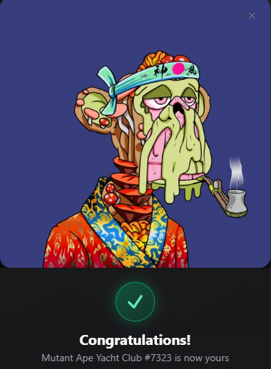 The image features a cartoon character dressed as a sushi chef with a green headband, smoking a pipe while wearing an orange robe. The character has a green hat and a red scarf around their neck. The character appears to be a monkey or a werewolf, depending on the interpretation of the viewer. The post is about a new member joining the Mutant Apothecary Club #7323, which is now available for you to join.