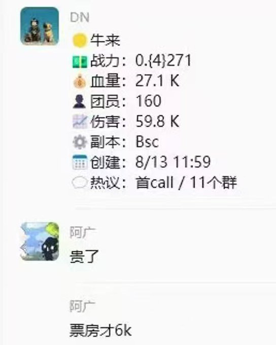 The image shows a Chinese gaming/group chat interface featuring user "DN" with stats like 战力 (Combat Power): 0.{4}271, 血量 (HP): 27.1K, and 团员 (Members): 160, followed by user "阿广" commenting "贵了" (Too expensive) and "票房才6k" (Box office only 6k). The accompanying post about a token called "BullIncoming" with contract 0xbeea1d618e533a387d941f58a7d4c9b7bd377777 mirrors the chat's sentiment, as both express skepticism about value/pricing—the trader questioning the token's entry price mirrors 阿广's complaint about the ticket being too expensive relative to its box office performance.
