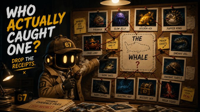 A detective-themed illustration with the text 'WHO ACTUALLY CAUGHT ONE?' showing a robot smoking a pipe in front of a corkboard covered in fish photos connected by red string, including 'PIRANHA', 'GLOW JELLY', and a central 'THE WHALE' image.