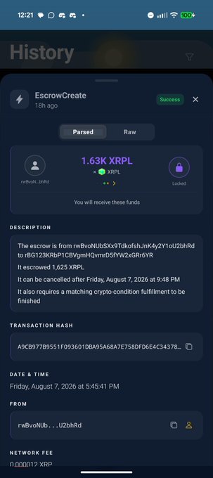 A mobile screenshot showing an XRP 'EscrowCreate' transaction history entry for 1.63K XRPL (1,625 XRP) marked as Success, dated Friday, August 7, 2026.