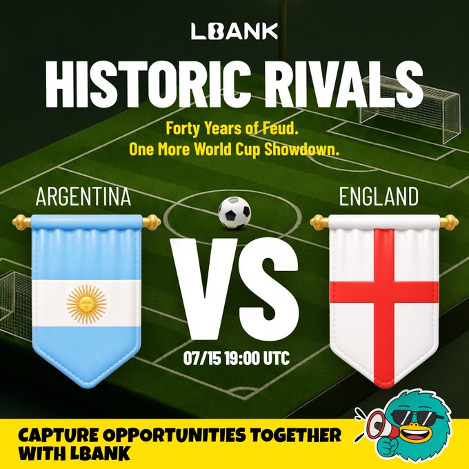A promotional graphic from LBank featuring "HISTORIC RIVALS" Argentina vs. England, scheduled for 07/15 at 19:00 UTC, with the tagline "Forty Years of Feud. One More World Cup Showdown." and the campaign message "CAPTURE OPPORTUNITIES TOGETHER WITH LBANK" displayed against a soccer field background.