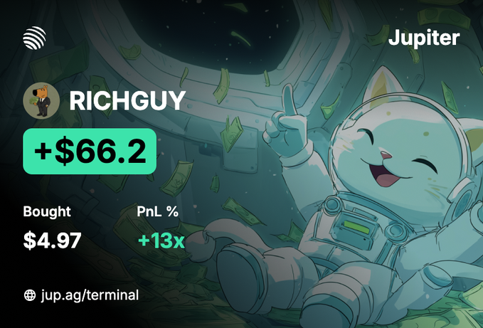 The image shows an advertisement featuring a cartoon cat wearing a space suit, giving it the appearance of being an astronaut. The cat is shown sitting comfortably in the middle of the frame with its arms up in the air. In front of the cat, there are various numbers written in green text that appear to be related to the trade or transaction taking place. The overall layout and design of the advertisement suggest a connection between space exploration or adventure themes and financial activities.