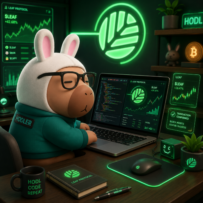 A 3D-rendered bear-like character in a white bunny hat, glasses, and a teal 'HODLER' hoodie works on a laptop showing the 'LEAF PROTOCOL' ($LEAF) up 28.47%, surrounded by crypto-themed decor and a 'HODL CODE REPEAT' mug.