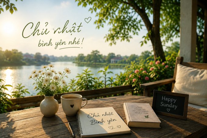 A serene lakeside scene with a wooden table holding a vase of daisies, a coffee mug, a notebook with 'Chủ nhật Bình yên', and a 'Happy Sunday' sign, with the text 'Chủ nhật bình yên nhé!' written in the sky.