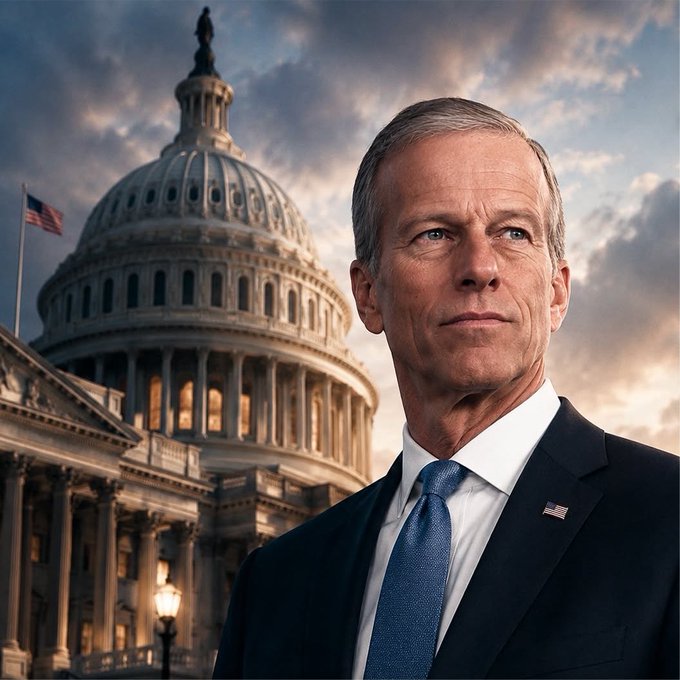 Senate Majority Leader John Thune, dressed in a dark suit with an American flag pin, stands prominently before the U.S. Capitol building under a dramatic sky, embodying the announcement that the Clarity Act will be prioritized for a floor vote following the Senate recess.