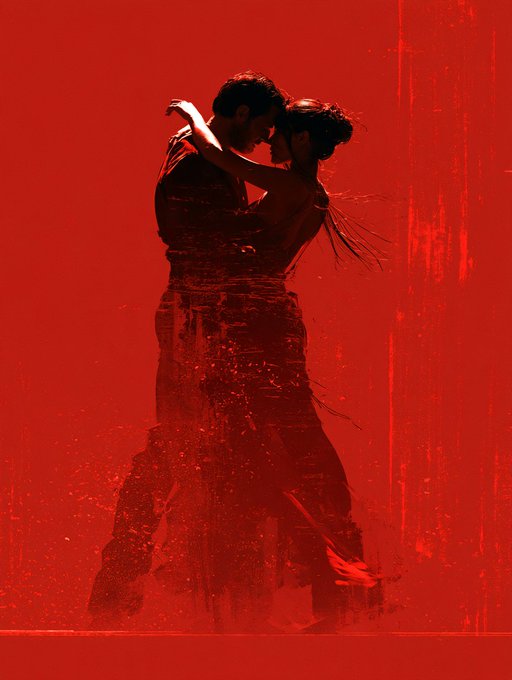 A stylized, red-tinted illustration of a couple in a passionate tango-like dance pose, with the figures rendered in dark silhouette against a textured crimson background.