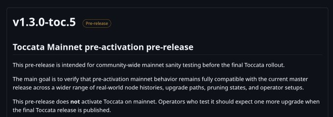 The image shows a webpage with information about Tocata Mainsnet's pre-activation release for Tocata. The title of the web page reads "V3.0 TOCCA Mainsnet Pre-Activation Release". It appears that there is an update available, and users are encouraged to install it before June 30th. This update seems to be intended for members who participate in a community-wide verification process to ensure compatibility with the current master blockchain. The post also mentions Bitcoin Cash and other crypto markets' interest in Kaspa's platform, which could indicate that there is some connection between Tocata Mainsnet and these crypto projects.