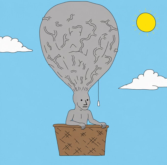A cartoon illustration depicts a gray figure with a massive, brain-like balloon head floating in a wicker basket against a blue sky with clouds and a sun.
