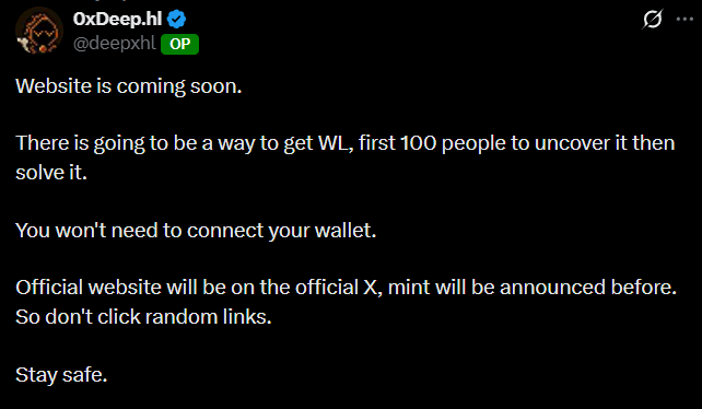 A tweet from "0xDeep.hl" (@deepxhl) announcing an upcoming website with a puzzle-based whitelist system, where the first 100 people to find and solve a challenge will earn a spot, with no wallet connection required. The post ties to the accompanying message about bringing back the days of having to earn NFT whitelists through problem-solving rather than simple farming.