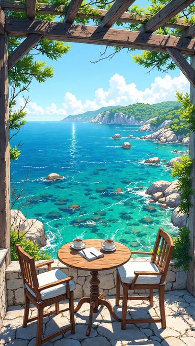 An illustrated scene depicts a wooden table with two chairs set with tea cups and an open book, overlooking a stunning turquoise sea and rocky coastline framed by a wooden pergola draped with green vines.