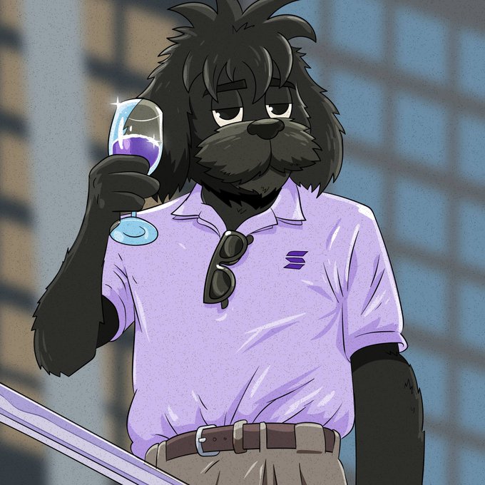 An anthropomorphic black dog character in a purple polo shirt with a purple logo sips from a wine glass, set against a city skyline backdrop, fitting the relaxed "weekend vibes, cheers" mood of the $MYRO post.