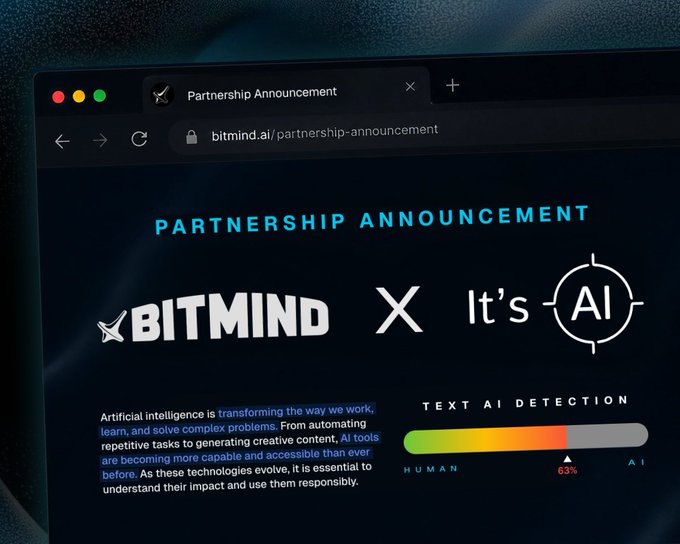 The image shows a dark-themed web browser displaying a Partnership Announcement page at bitmind.ai/partnership-announcement, featuring logos for "BITMIND x It's AI" alongside text about AI transformation and a "TEXT AI DETECTION" meter reading 63%. This visually reinforces the post's message about BitMind and It's AI (SN32) partnering to integrate AI text detection capabilities, allowing users to verify multiple content types within a single platform.