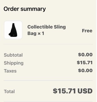 An order summary showing a 'Collectible Sling Bag' for free, with $15.71 shipping and a total of $15.71 USD.