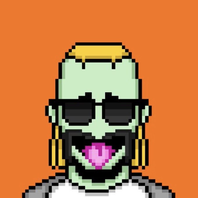 A pixel art portrait of a green-skinned zombie-like character with a black beard, sunglasses, gold chain, and gold hair accessory against an orange background.