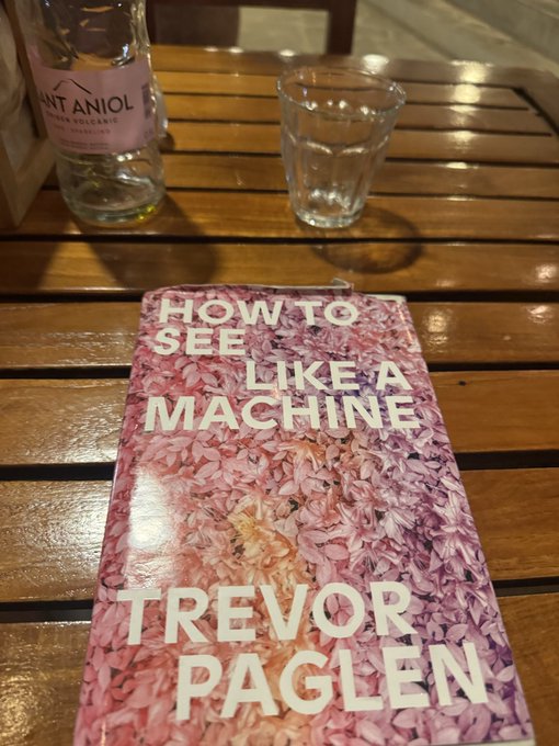 A paperback book titled 'HOW TO SEE LIKE A MACHINE' by Trevor Paglen with a pink floral cover, resting on a wooden slatted table beside a bottle labeled 'NT ANIOL VODKA VOLCANIC' and a glass of water.